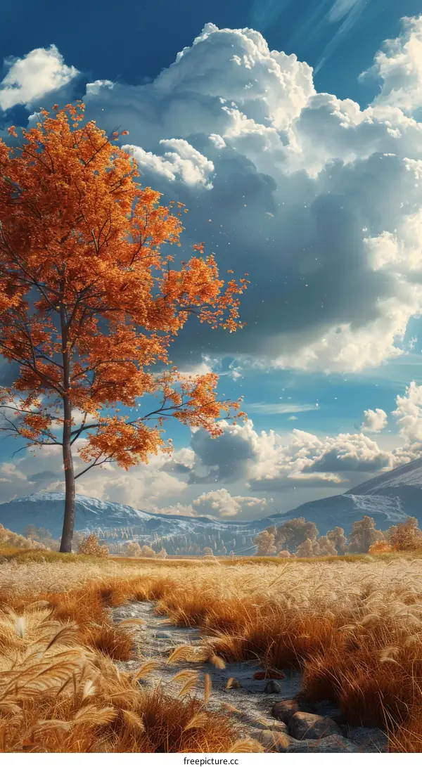 Lonely tree in a vast field with mountains in the distance