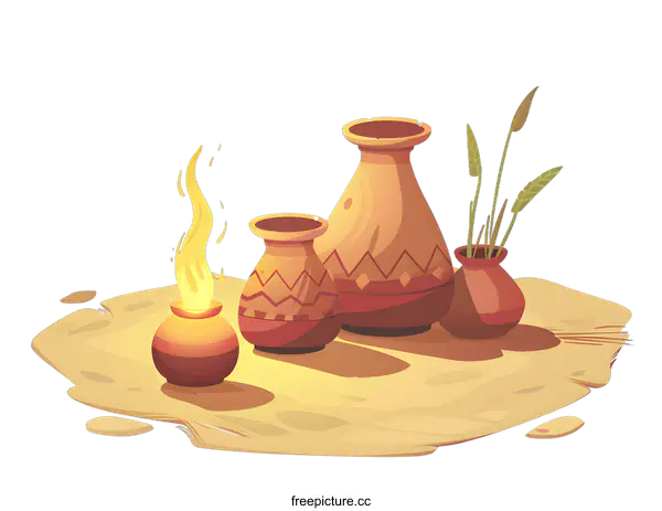 [Transparent Background PNG]Clay Pots and Burning Candle on Sandy Surface