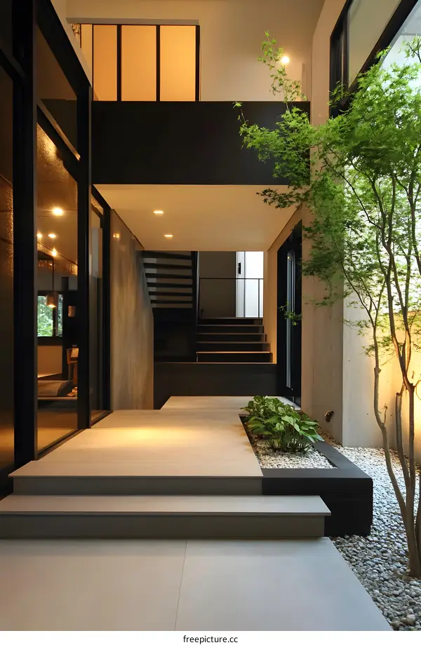 Modern Minimalist Home Interior Design with Steps and Green Plants