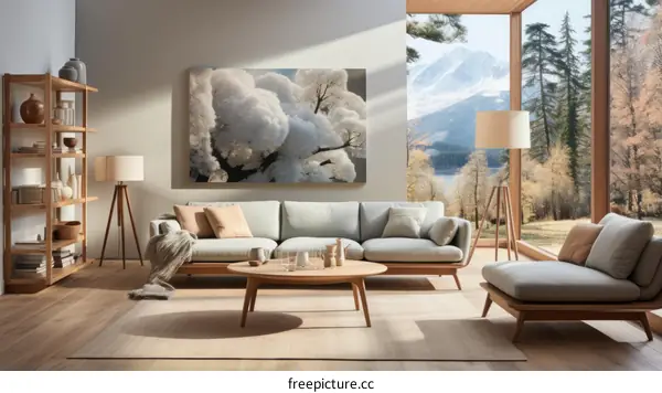 Modern living room with large windows and view of mountains