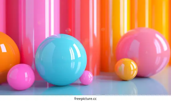 3D rendering of a group of glossy spheres in various pastel colors against a backdrop of matching colored cylinders