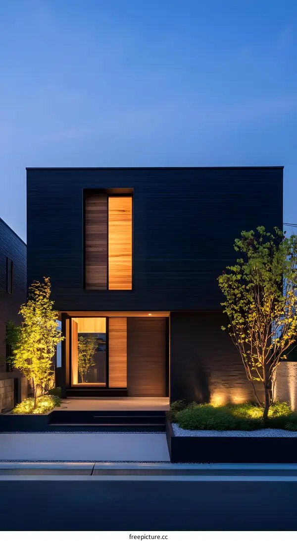 Modern Black House with Wooden Accents and Landscape Lighting