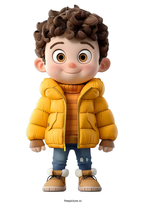 [Transparent Background PNG]Smiling Cartoon Boy in a Yellow Puffer Jacket
