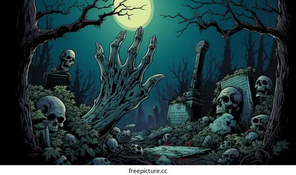A spooky illustration of a zombie hand emerging from a graveyard