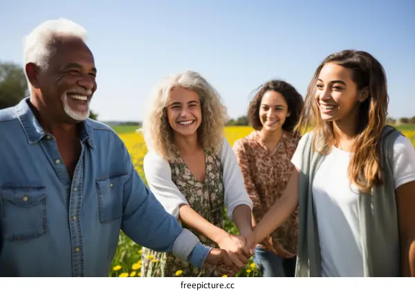 Happy multigenerational family walking in a field of flowers