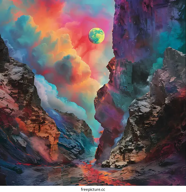 Abstract Mountain Landscape With A Green Moon