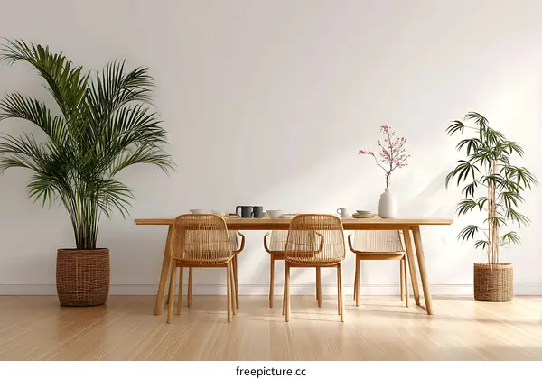 Minimalist Dining Area with Wooden Table and Rattan Chairs