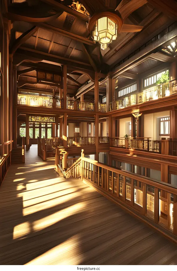 Wooden Interior Design With Balconies And A Staircase