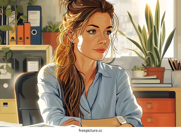 portrait of a young woman in a blue shirt sitting at a desk