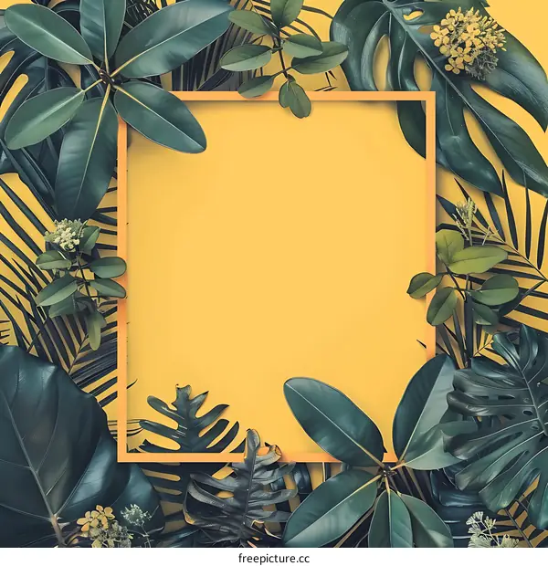 Tropical Leaves Frame  Yellow Background