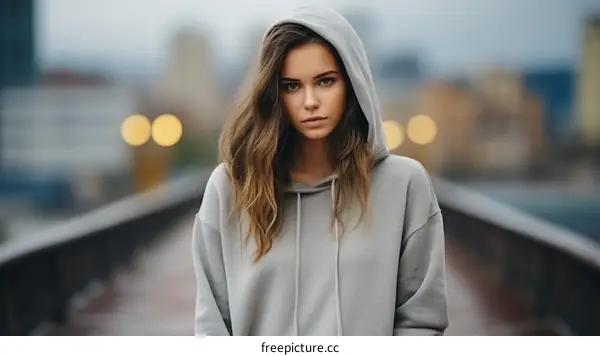 Portrait of a young woman in a gray hoodie looking at the camera with a serious expression