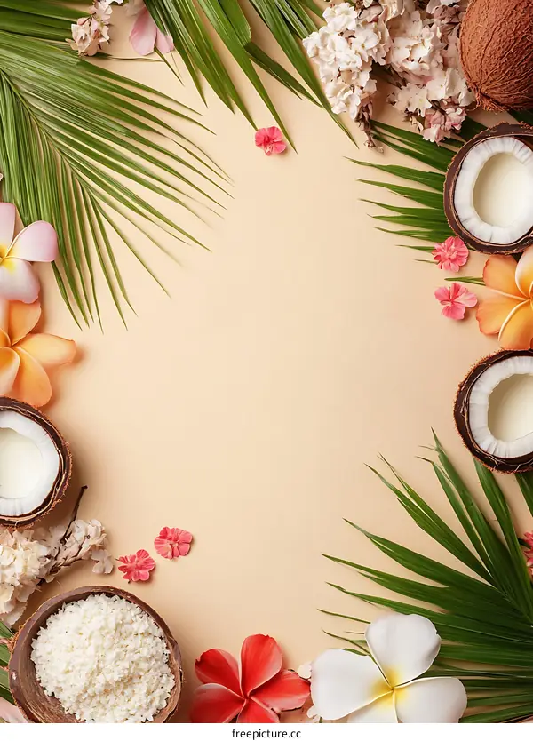 Tropical Summer Background with Coconut and Flowers