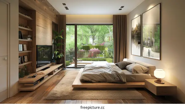 Modern bedroom interior design with wooden wall and large windows overlooking garden