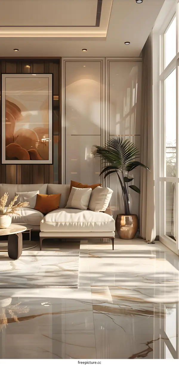 Bright interior living room with large windows and stylish furniture