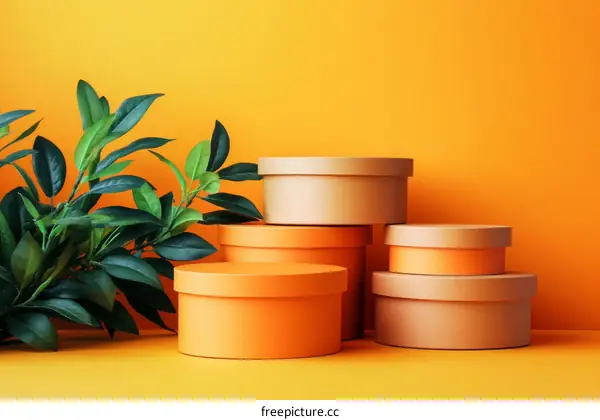 Colorful Orange and Beige Boxes with Greenery Background