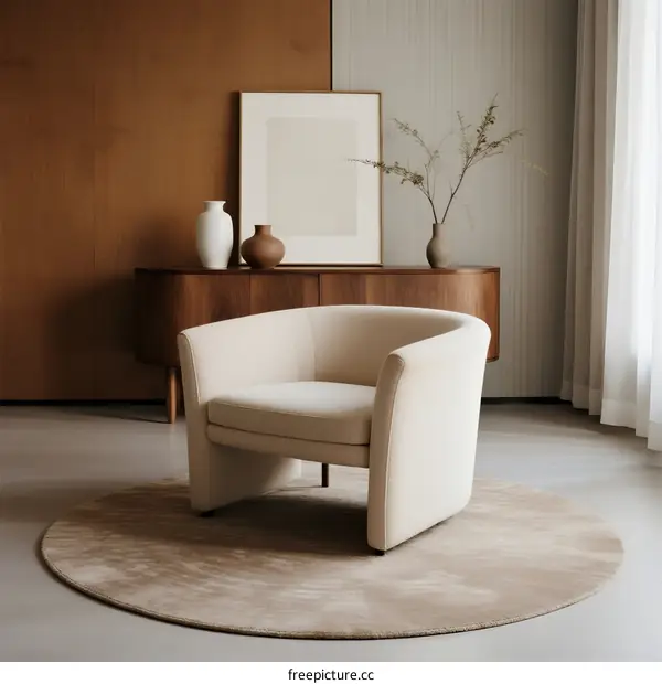 Modern Living Room Interior with Beige Armchair and Wooden Cabinet