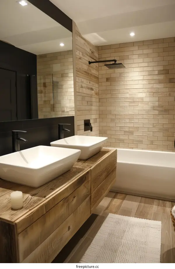 Modern Rustic Bathroom Vanity with Double Sinks and Wooden Cabinets