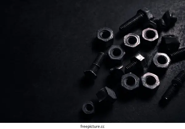 Dark Industrial Bolts and Nuts on a Dark Surface