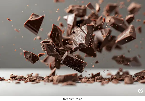 Flying chocolate pieces with cocoa powder