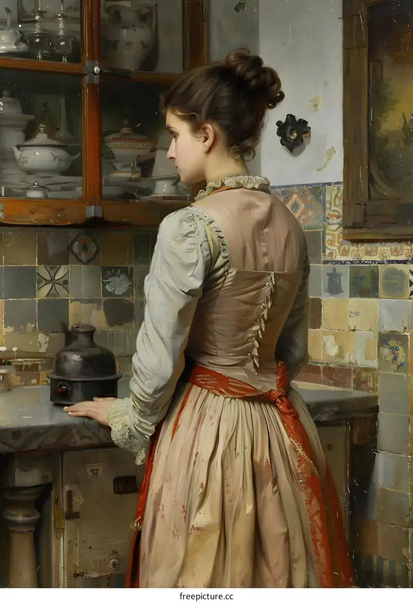 A thoughtful woman wearing a corset is standing in the kitchen