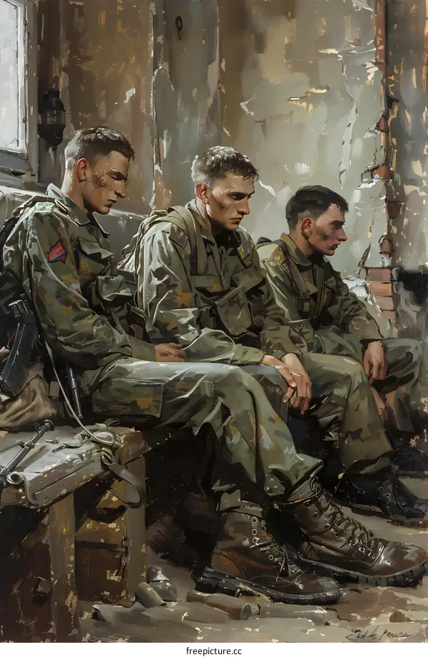 Three soldiers sitting on a bench in a ruined building