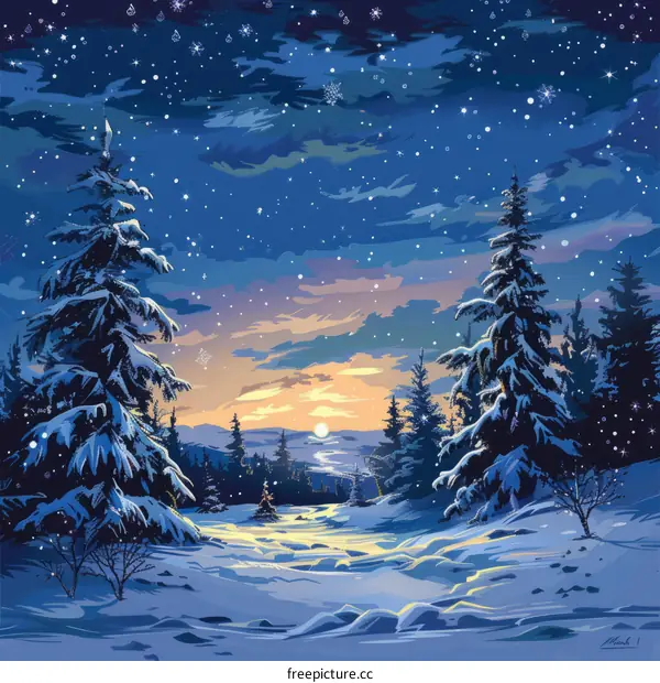 Serene Winter Forest Landscape with Full Moon