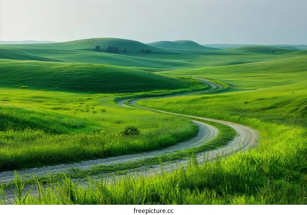 Curving rural road through bright green rolling hills