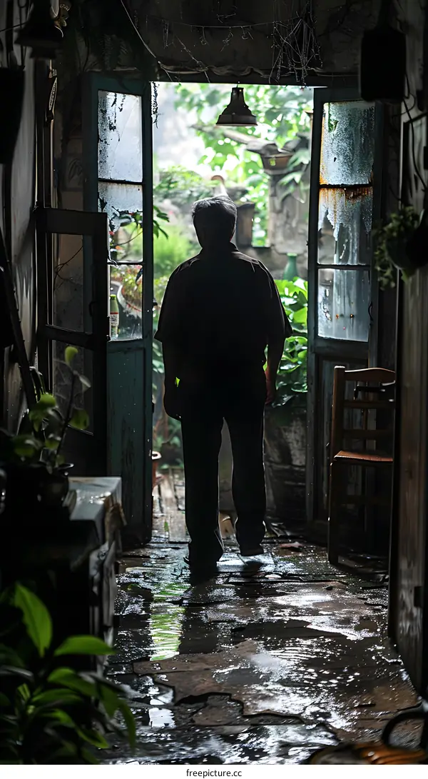 An old man is standing in a doorway looking out at a rainy courtyard.
