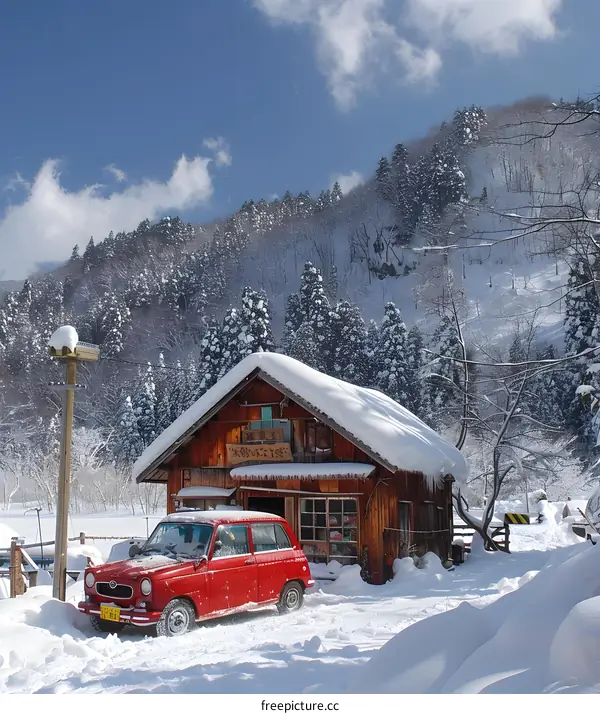 A red car is covered with snow in front of a snow-covered house.