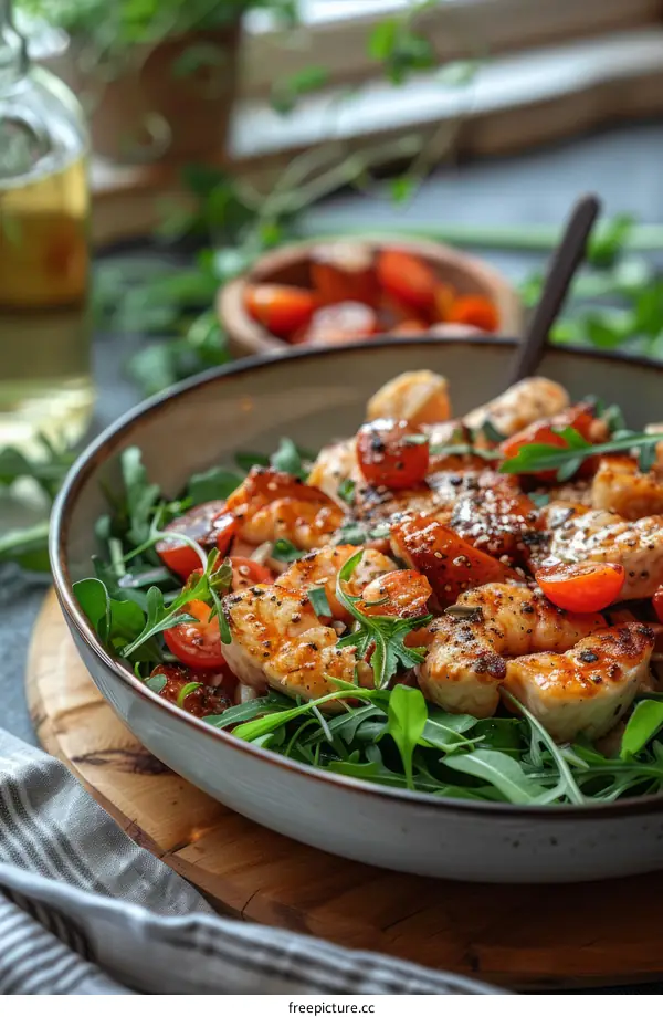 delicious seafood salad with shrimps, tomatoes and arugula