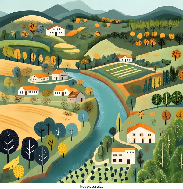 Beautiful Watercolor Painting of a River Running Through a Village in the Mountains