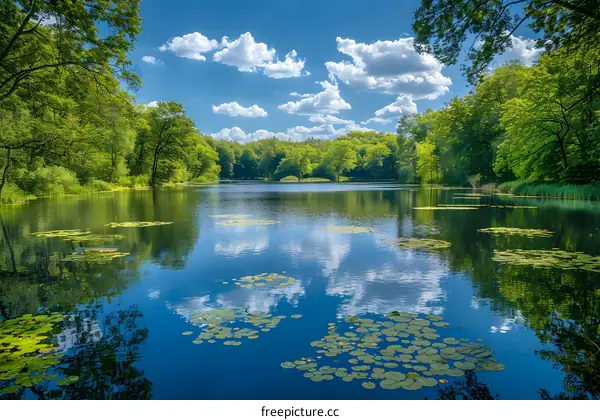 Tranquil Forest Lake With Lush Green Trees and Blue Sky