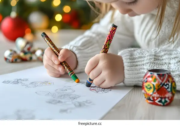 Little Girl Coloring with Crayons on Christmas