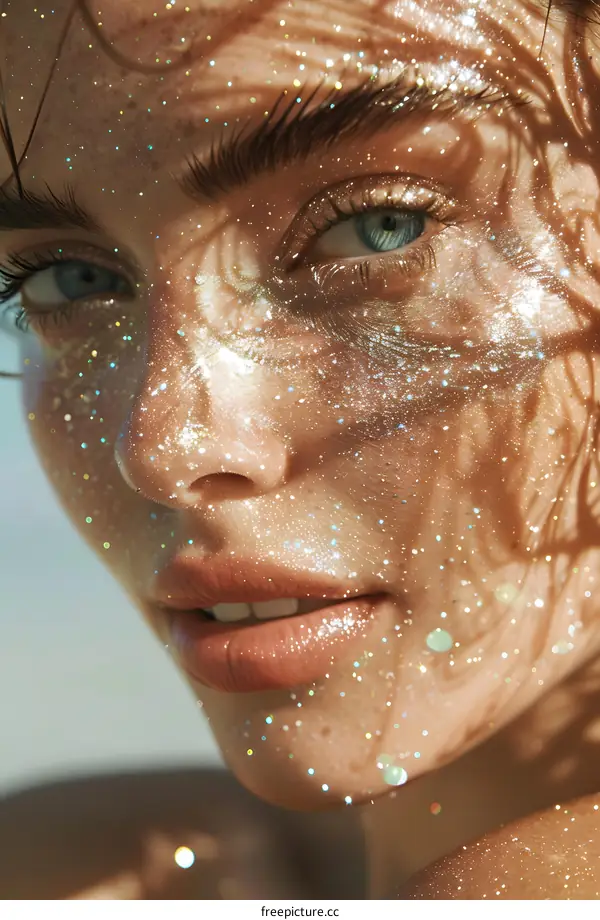Closeup portrait of a young woman with glitter on her face