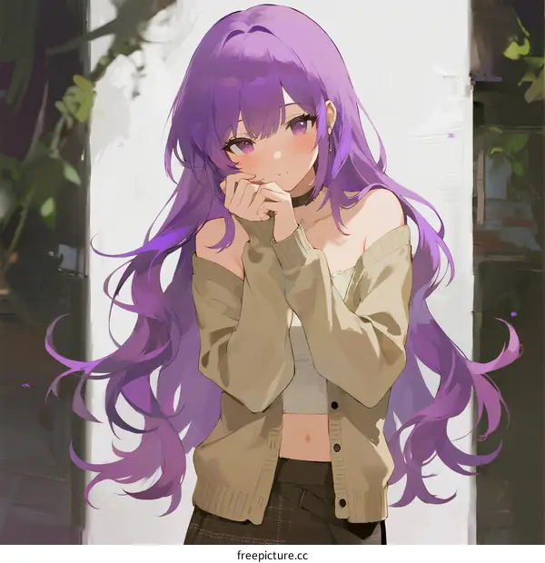 Purple Haired Girl with Long Curly Hair Wearing Casual Cardigan