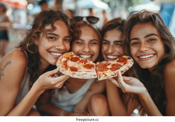 Four young women eating pizza together