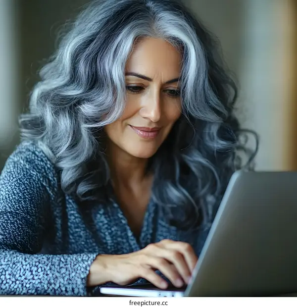 Smiling Senior Woman Working on Laptop