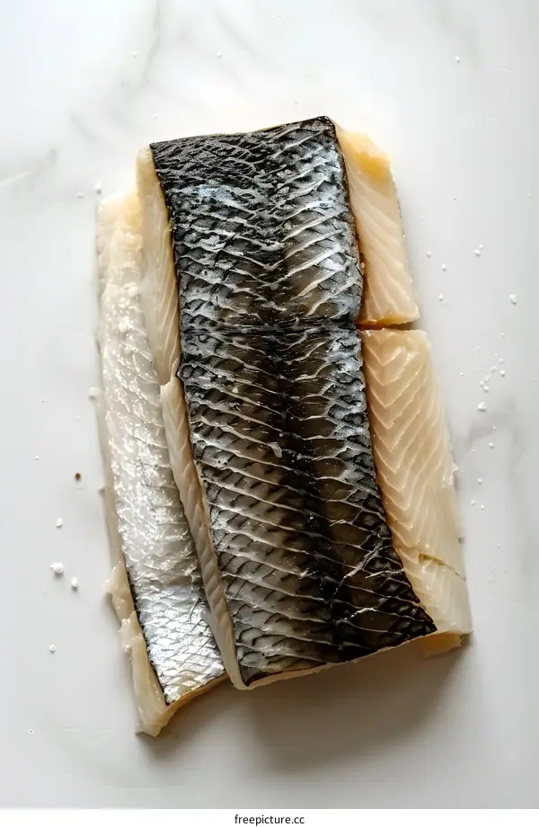 Three pieces of raw fish fillet on a marble slab