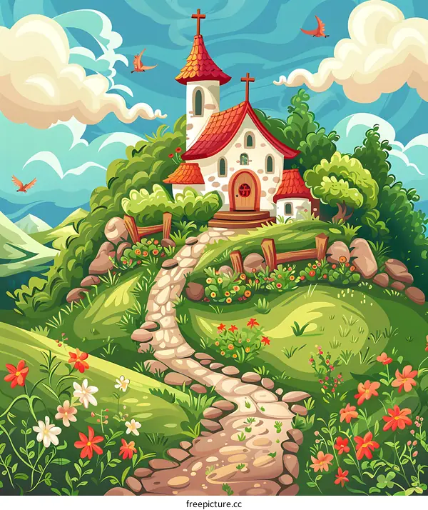 Stone Path Leading to a Church in a Hilltop Village