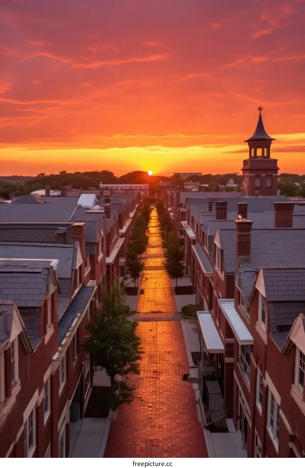Red brick street with apartment buildings at sunset