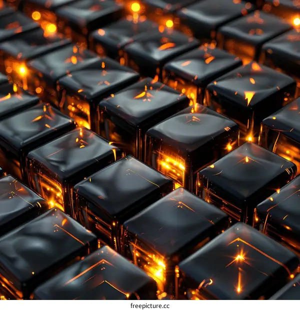 Abstract 3D Rendering of Glowing Orange Cubes with a Glossy Black Surface
