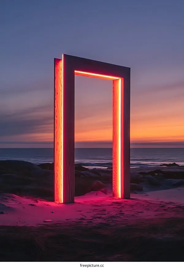 Wooden Frame With Neon Lights On The Beach At Sunset