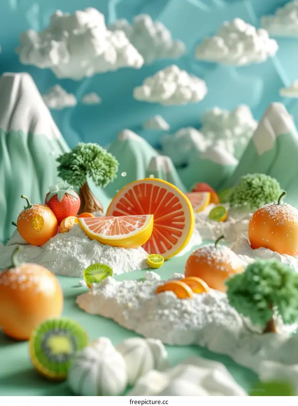 Surreal Food Landscape with Oranges and Trees