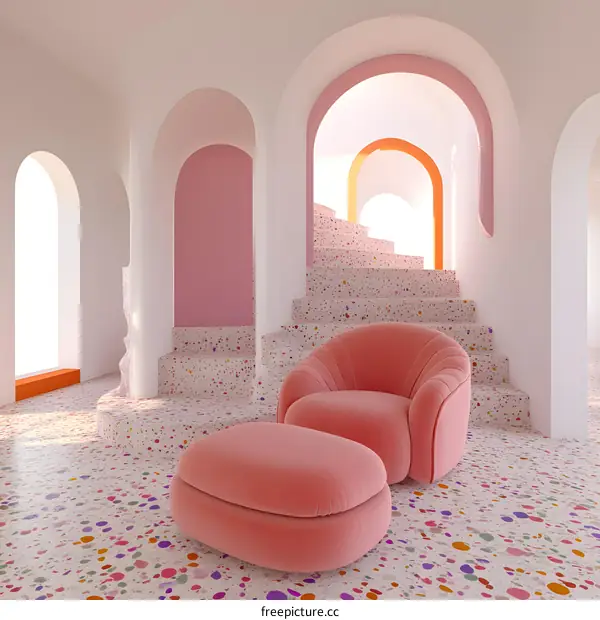 Pink Archway Staircase and  Pink Armchair with Ottoman Interior Design