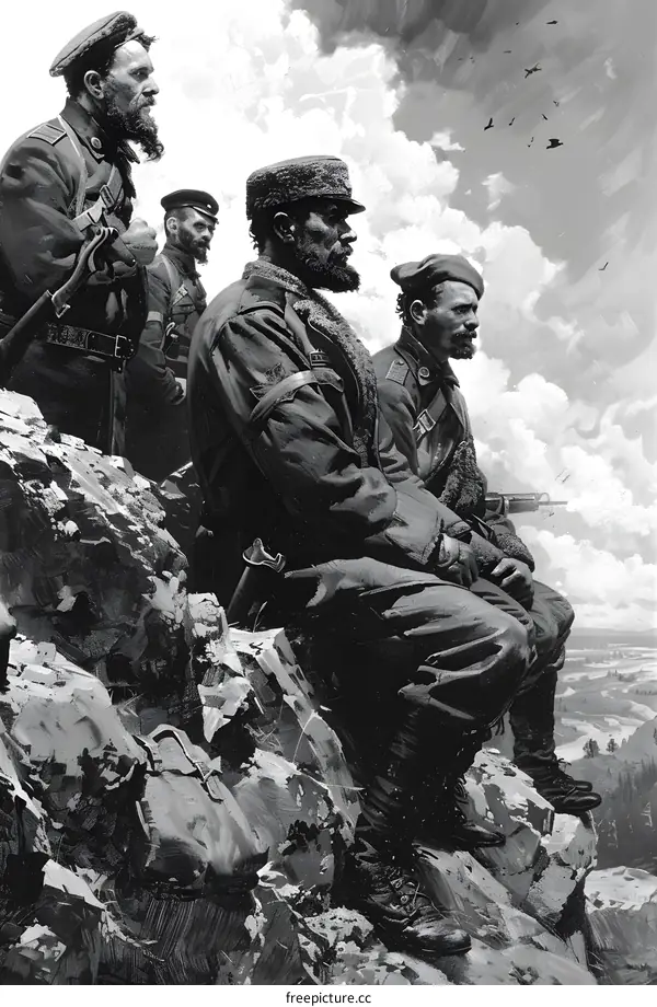Four men in military uniforms are sitting on a rocky hilltop looking down at a valley.