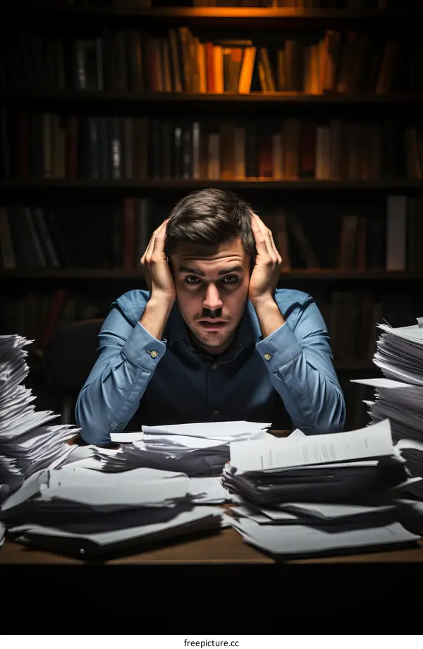 Man overwhelmed by paperwork in library