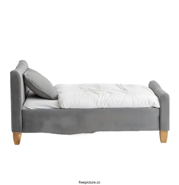 [Transparent Background PNG]Grey Fabric Bed with Wooden Legs