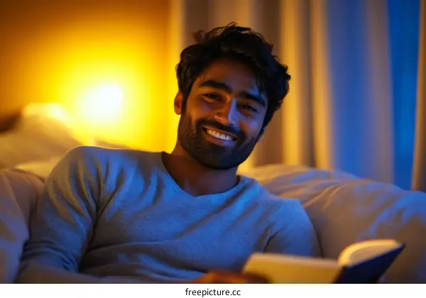 Smiling Man Reading Book in the Evening Light