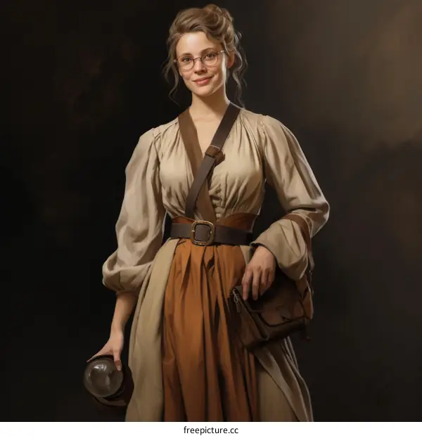 portrait of a young woman wearing glasses and a brown dress