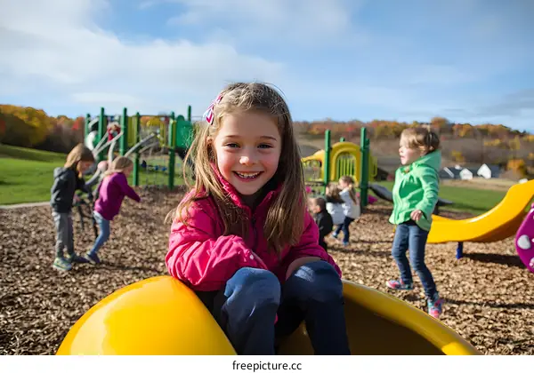 Smiling Girl on a Yellow Slide at Playground